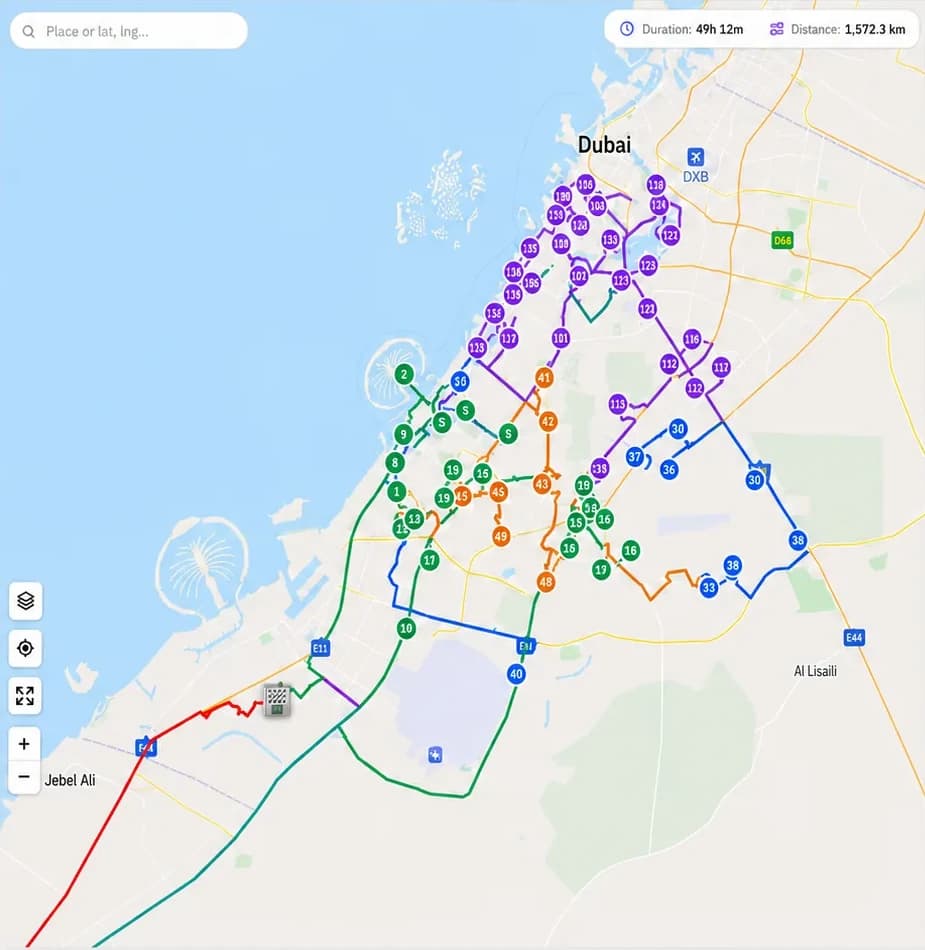 Planner map with five colour-coded routes across the city
