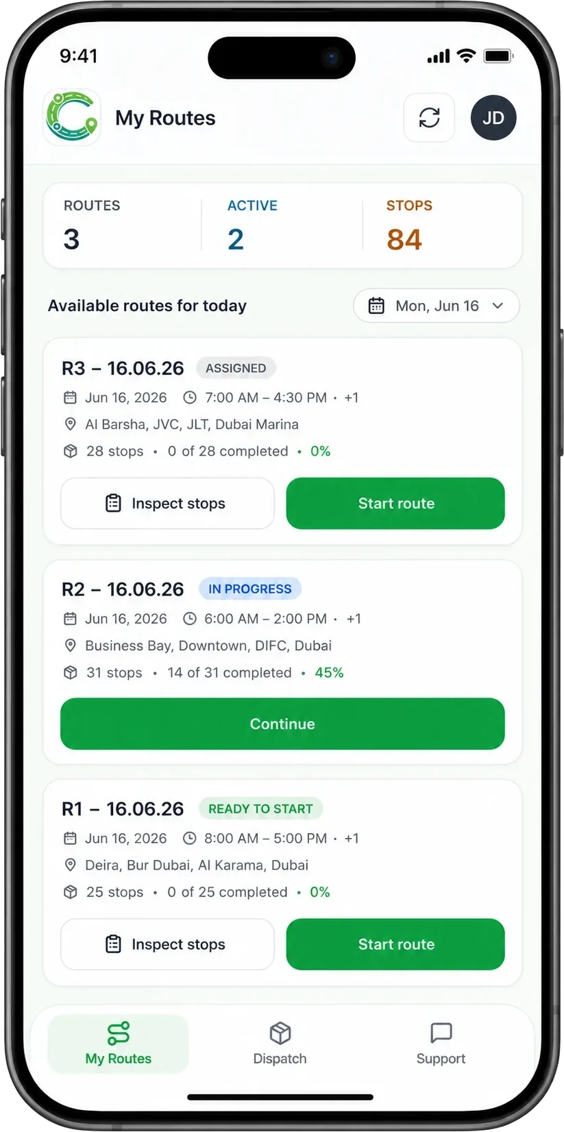 Driver app: the day’s routes